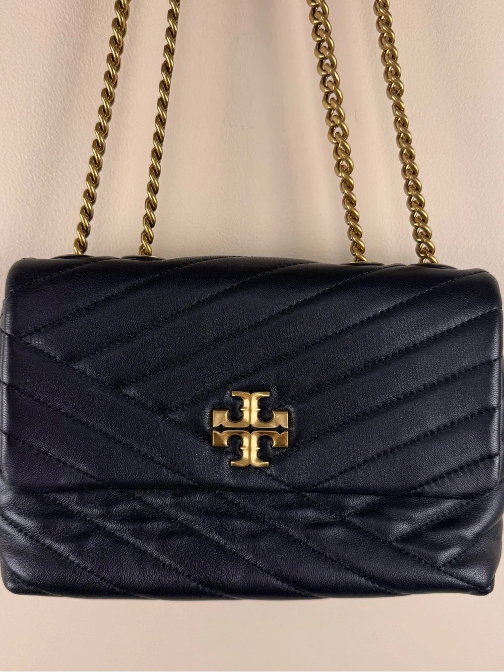 Tory Burch Kira Chevron Convertible Shoulder Bag Black Leather with Dust Bag